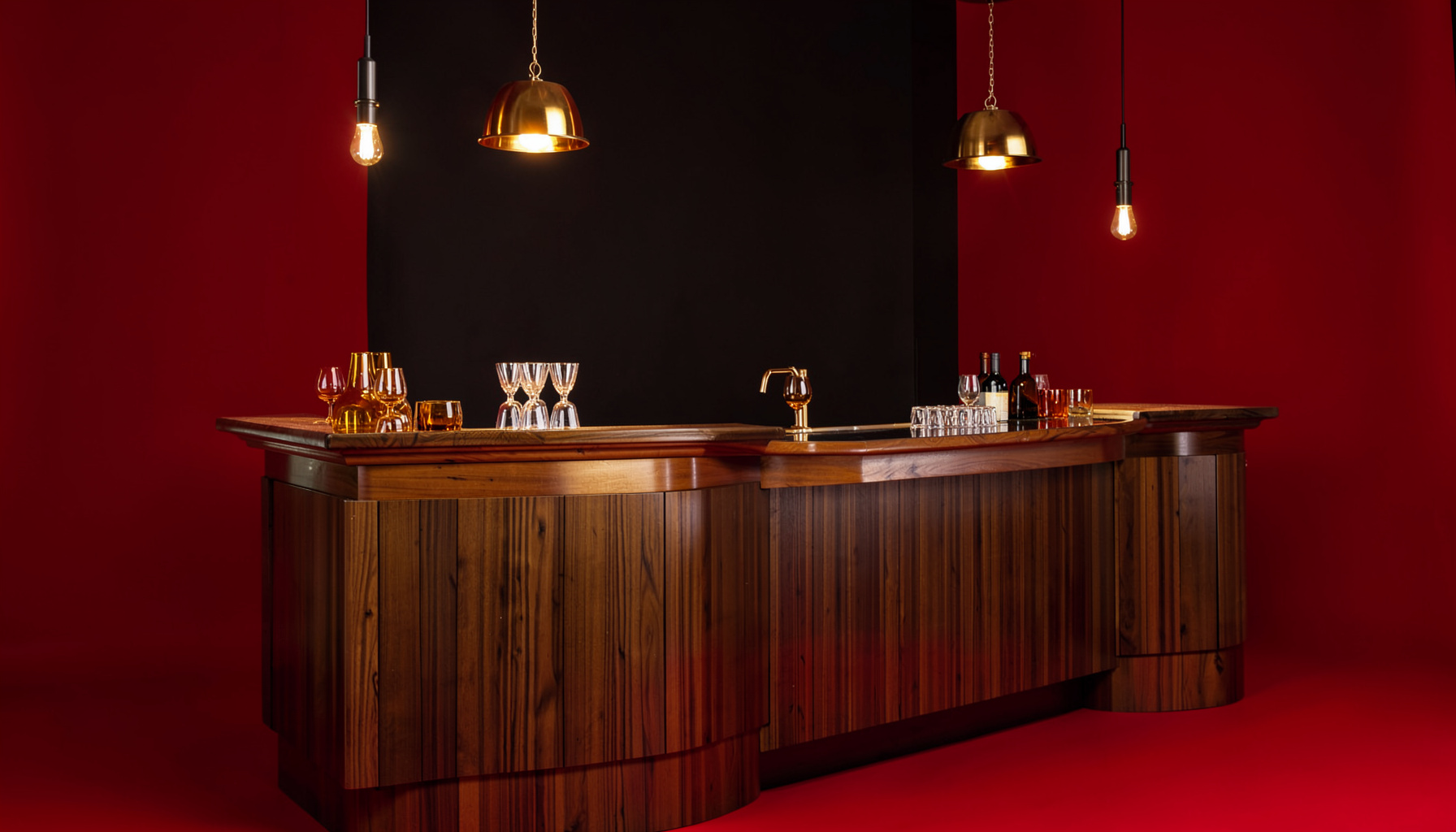 Warm-toned bar counter with polished wood, amber glassware, and soft pendant lighting against a dark backdrop