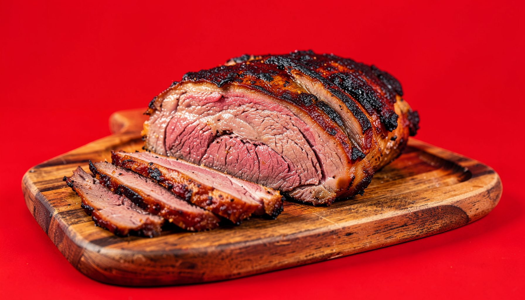 Rich prime rib roast sliced on a wooden board with warm amber tones and dark charred edges