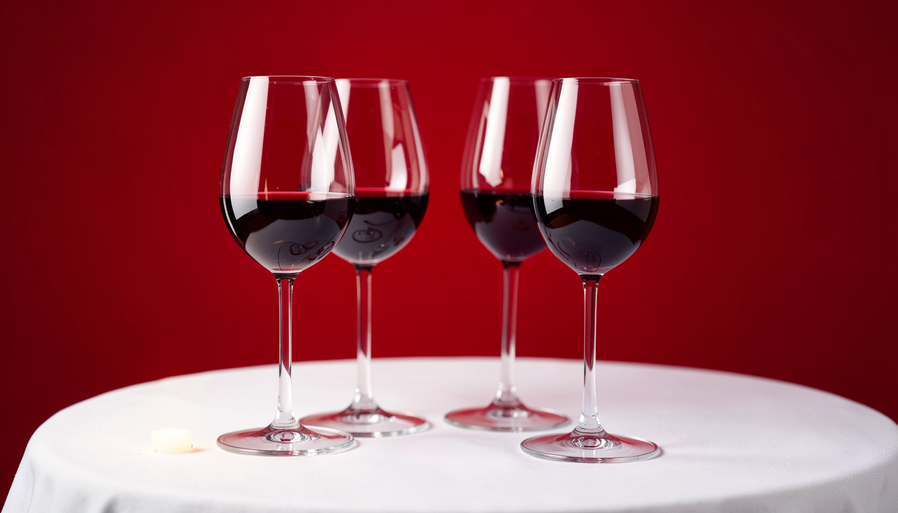 Elegant wine glasses on a white tablecloth with soft candlelight and deep burgundy reflections